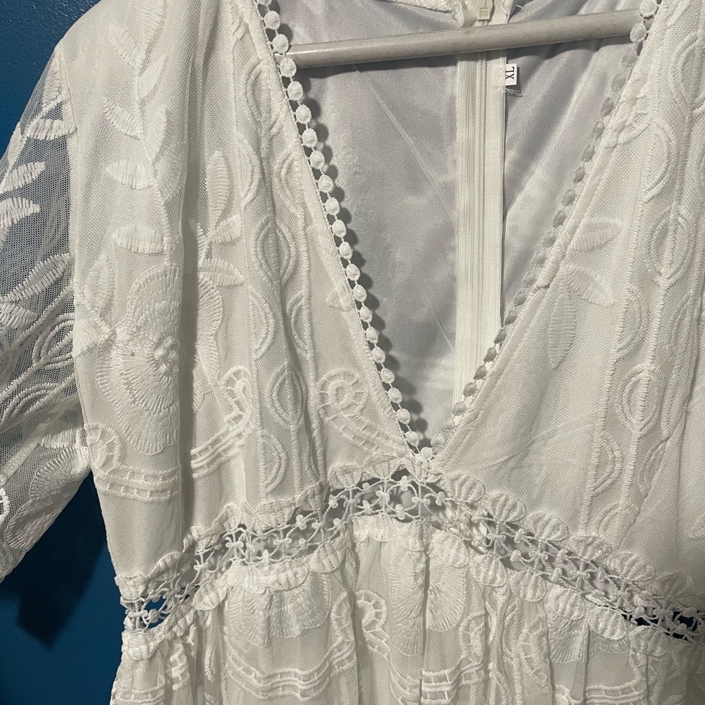 White Embroidered V-Neck Dress